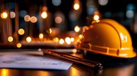 Construction project documentation with yellow safety helmet on dark table against blurred bokeh lights, pen on architectural blueprints.