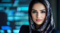Professional Middle Eastern woman in colorful headscarf against modern blue tech background for business and diversity concepts.