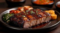 Juicy grilled pork belly with crispy skin, glazed in sweet and savory sauce, served with roasted vegetables and herbs on dark ceramic plate. Restaurant quality meal.