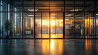 Modern office building entrance with glass walls and doors reflecting warm sunset light, creating dramatic shadows and reflections on polished floor. Potted plant adds natural touch.
