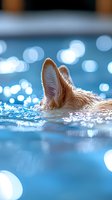 Dog ears peeking above water surface in swimming pool with sparkling bokeh lights creating dreamy blue atmosphere.