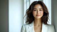Young Asian woman professional with wavy brown hair wearing white blazer smiling confidently against light background, representing success and leadership.