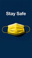 Yellow medical face mask on dark blue background with Stay Safe text, health protection concept for social media and awareness campaigns.