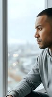 Middle-aged man of Latin American descent gazing thoughtfully out high-rise window at cityscape below, wearing gray hoodie, contemplative mood for introspection and mindfulness concepts.