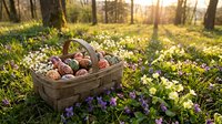 Wicker basket filled with colorful Easter eggs nestled among spring wildflowers in sunny forest clearing with warm golden sunlight filtering through trees.