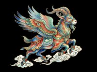 Ornate winged goat mythical creature with colorful armor and clouds, isolated on transparent background. Great for t-shirts, stickers, print on demand, sublimation, clipart.