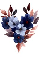 Navy blue and white flowers with burgundy leaves on isolated background, watercolor style floral composition for wedding invitations and greeting cards.
