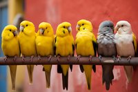 Yellow, gray and white budgerigars perched in row on branch against red background, showing diversity and unity among small parakeets in aviary setting.