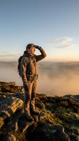 Male hiker in outdoor gear standing on rocky mountain peak at sunrise, shading eyes while gazing at misty valley landscape below for adventure and exploration concepts.