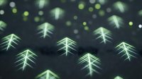 Glowing neon pine trees with bokeh lights on dark background, suitable for winter holidays, technology themes, and festive digital designs.