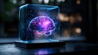 Glowing holographic brain with purple and blue light effects in transparent cube display, showing neural connections and artificial intelligence concept.