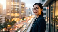 Professional Asian businesswoman in glasses smiling confidently on urban balcony during golden hour with city lights and modern buildings in background.