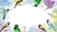 Colorful birds frame with hummingbirds and songbirds on white background. Spring nature border with tropical and garden birds for greeting cards.
