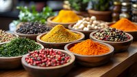 Colorful aromatic spices and herbs in wooden bowls on rustic table including turmeric, paprika, peppercorns, dried herbs and pink peppercorns for cooking.