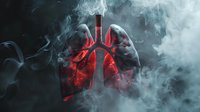 Glowing red anatomical lungs surrounded by swirling smoke against dark background, depicting health risks and respiratory system for medical education and awareness.