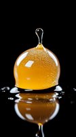 Golden honey or amber liquid suspended in a clear glass dome with water droplets on black surface, reflecting light for cosmetics, skincare, wellness and luxury product packaging design.
