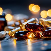 Amber-colored supplement capsules with omega-3 fish oil on wooden surface against blurred golden bokeh lights, macro photography for health and wellness.