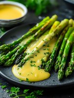 Grilled green asparagus spears on black plate drizzled with creamy hollandaise sauce and fresh herbs, elegant restaurant presentation for gourmet dining.