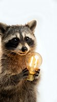 Curious raccoon holding glowing light bulb representing innovation and bright ideas for creative business concepts and problem-solving campaigns.