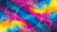 Vibrant cosmic background with mystical mandala patterns and sacred geometry circles in rainbow gradient colors for spiritual meditation designs.