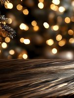 Rustic wooden table surface with blurred golden Christmas lights and pine branch in background creating magical holiday atmosphere for product display.