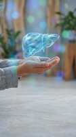 Holographic liver organ floating above open palm representing healthcare technology, medical innovation, and digital health solutions for liver care and treatment.