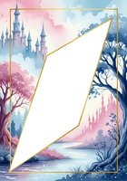 Watercolor fairy tale castle frame with pink and blue fantasy forest, gold geometric border, blank space for text, for invitations.