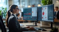 Asian businesswoman analyzing financial data on multiple monitors displaying charts, graphs and statistics in modern corporate office environment.