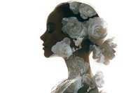 Woman silhouette with white roses double exposure artistic portrait on transparent background for creative design projects and digital art.