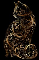 Mystical cat silhouette adorned with golden ornate swirls and flourishes on black background, creating elegant decorative feline art pattern suitable for luxury design.