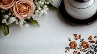 Delicate peach roses and baby's breath arranged with vintage teapot on white embroidered tablecloth, creating serene and romantic tea time atmosphere for wedding or celebration.
