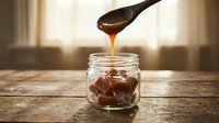 Golden honey dripping from wooden spoon into glass jar on rustic kitchen table with warm sunlight streaming through window creating cozy atmosphere.