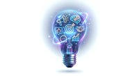Digital lightbulb with business icons and gears inside glowing blue and purple neon light representing innovation technology and creative ideas.