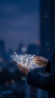 Businessman holding glowing digital network lines and circuit patterns in hands against blurred city skyline at dusk, representing technology, connectivity, and innovation for business solutions.