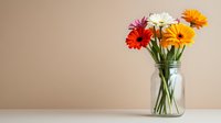 Colorful gerbera daisies in glass mason jar against neutral beige wall background, fresh cut flowers in minimalist home decor arrangement with copy space.
