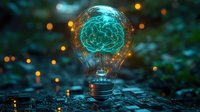 Glowing brain inside lightbulb on circuit board background with bokeh lights, representing artificial intelligence and innovative technology solutions.