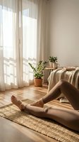 Woman relaxing on a jute rug in a sunlit cozy bedroom with plants and sheer curtains, wearing beige leggings, calm home lifestyle.