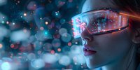 Futuristic female profile wearing high-tech augmented reality glasses with neon reflections against dark background with bokeh lights perfect for technology and innovation concepts.