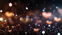 Glowing heart shape formed by golden sparkles and bokeh lights against dark background, creating magical romantic atmosphere for Valentine designs.