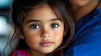 Young Hispanic girl with expressive brown eyes and dark hair wearing pink shirt looks up with innocent expression, soft lighting creates gentle portrait mood.
