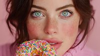 Young woman with freckles and blue eyes holding colorful sprinkle donut against pink background for bakery advertising and sweet treat marketing campaigns.