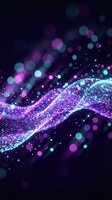 Abstract digital wave with glowing particles and bokeh lights in purple, pink and blue colors on dark background for technology and futuristic designs.