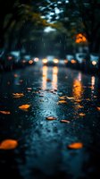 Rainy street at night with blurred car headlights and fallen autumn leaves on wet asphalt, creating moody urban atmosphere for seasonal and weather-related design projects.