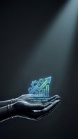 Hands holding glowing holographic business growth chart with gears and upward arrow representing financial advancement and strategic planning success.
