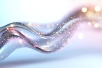 Ethereal flowing waves with sparkling particles in soft pastel pink and blue tones create dreamy abstract background with bokeh light effects.