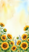 Watercolor sunflower border frame with yellow blooms and green leaves on soft textured background for greeting cards and invitations.