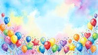 Colorful balloons and hearts floating against soft watercolor sky with clouds, perfect for celebrations, parties, and festive event designs.