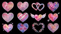 Colorful heart shapes with floral patterns, glitter textures, and decorative elements isolated on transparent background. Ready for t-shirt designs, stickers, clipart, sublimation, and print-on-demand projects.