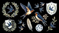 Swallow birds clipart set isolated on transparent background, featuring flying swallows, laurel wreaths, feather, and heraldic shields for stickers, t-shirt design, print on demand.