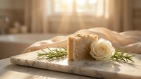 Handmade soap bar with natural ingredients displayed on marble surface alongside fresh rosemary sprigs and cream rose for spa, wellness, and beauty product marketing.